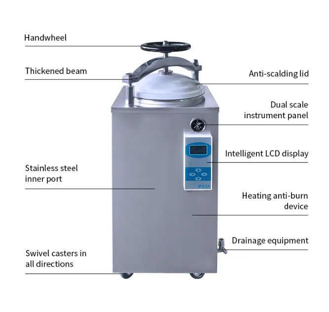 Rueda de mano Display digital Autoclave vertical 35L 50L 75L 100L 150L Litro para los hongos Esterilizador de retorte de alimentos enlatados